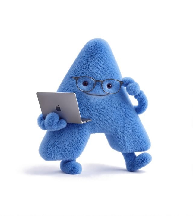 La mascota de AdUp con anteojos y una notebook, trabajando
